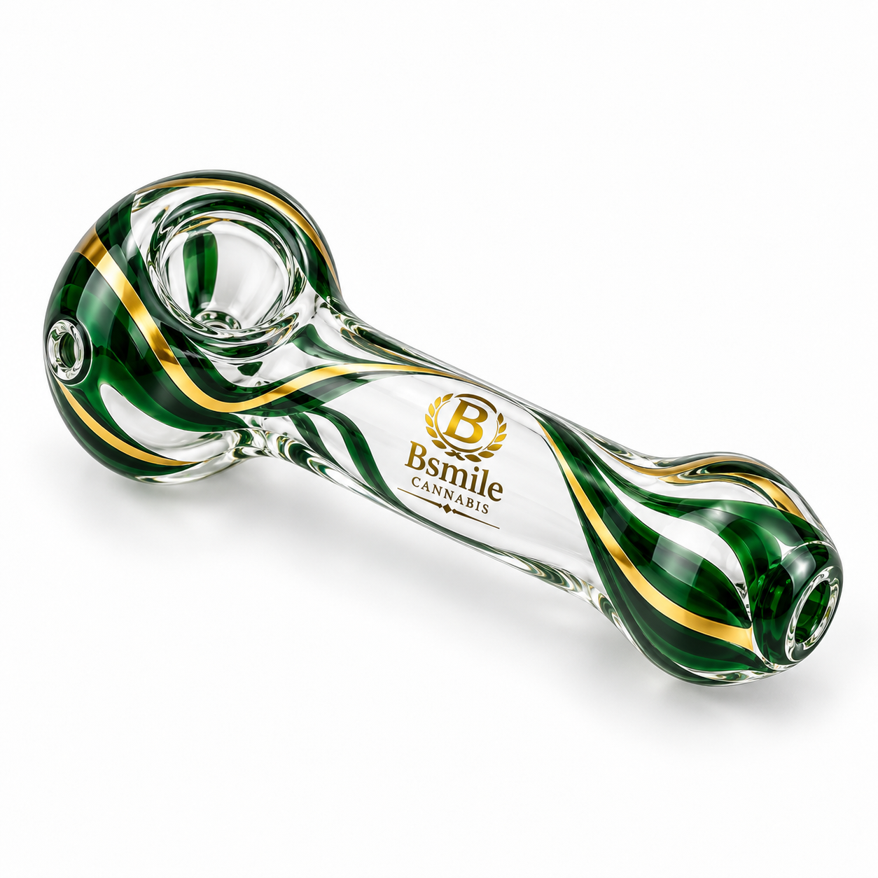 Bsmile green swirl glass spoon pipe with gold accents