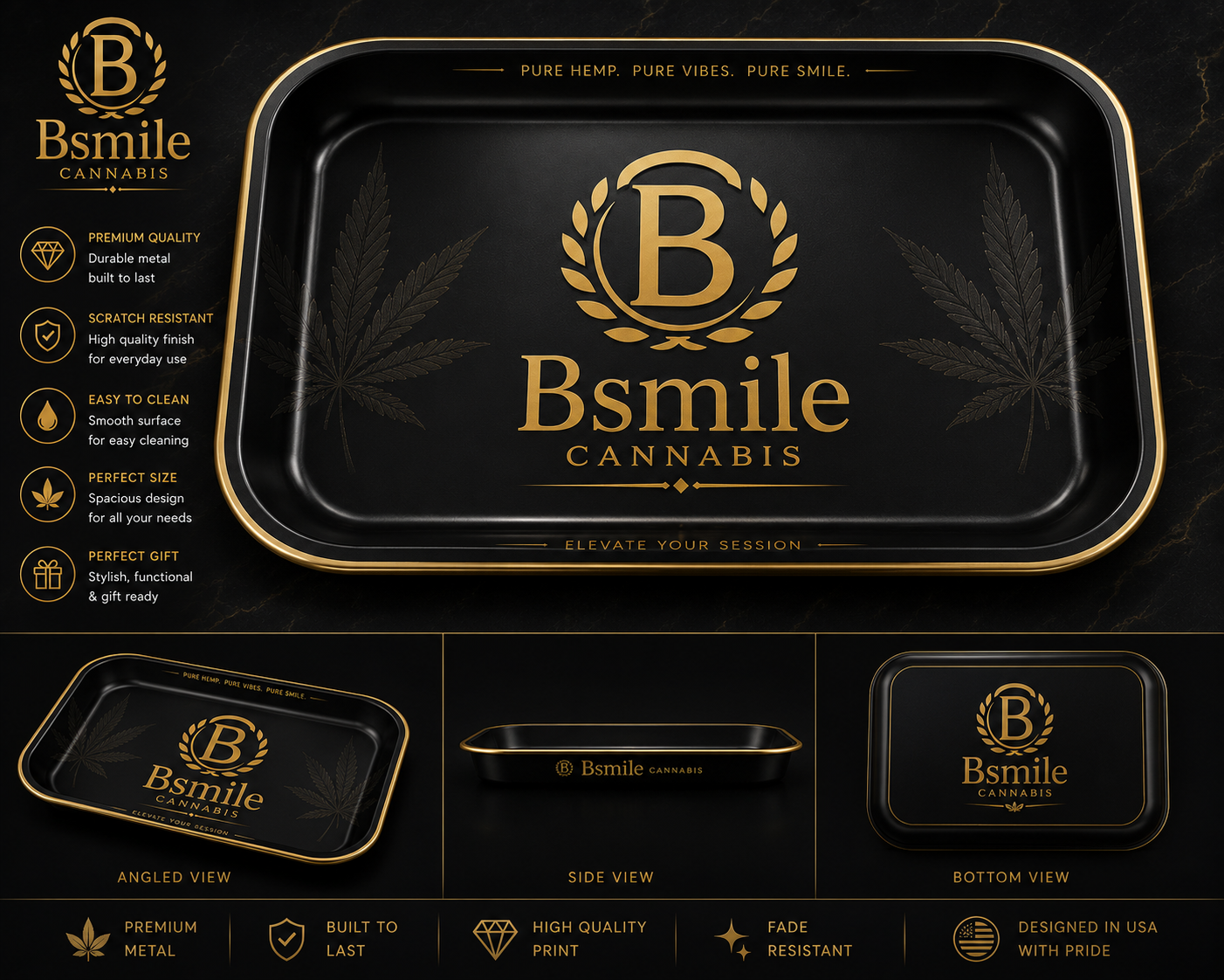 Bsmile powder-coated steel rolling tray with debossed gold crest