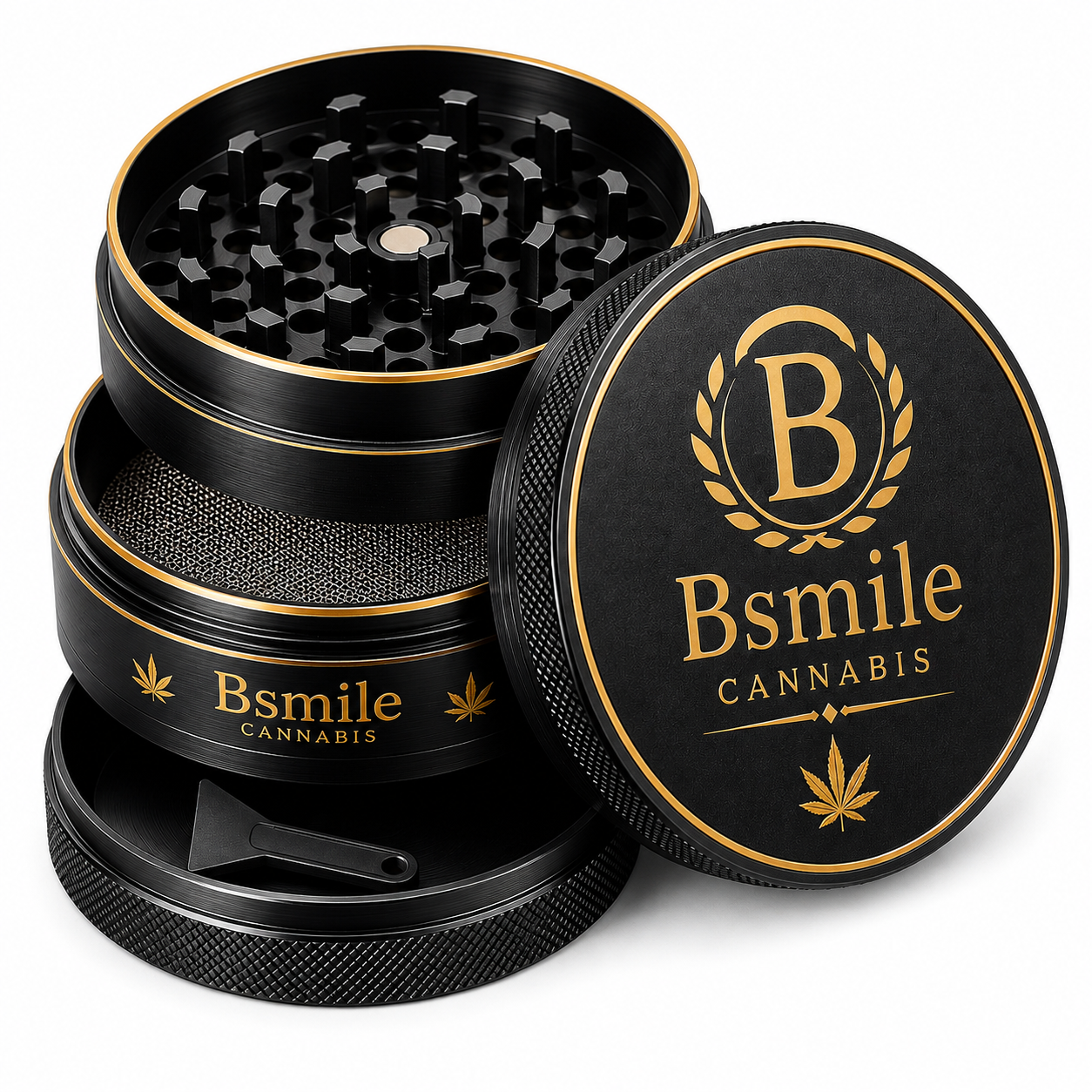Bsmile four-piece anodized aluminium grinder with gold crest